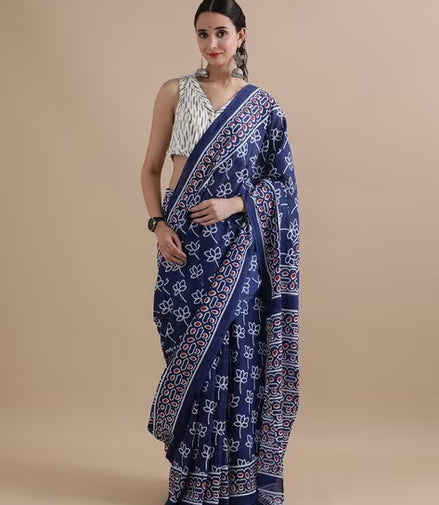 Neelima Indigo Mulmul Cotton Saree – Handblock Print & Lightweight Drapes
