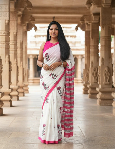 "Kamalini" - Sanganeri Floral Handblock Mulmul Saree