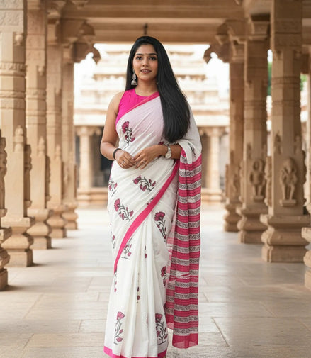 "Kamalini" - Sanganeri Floral Handblock Mulmul Saree