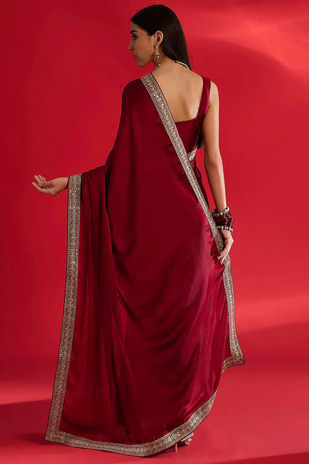 "Roshni" - Maroon Satin Saree with Embellished Zari Border