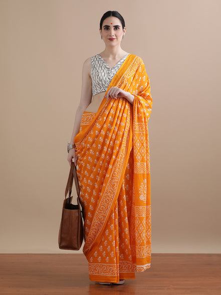 Kanika Orange Handblock Mulmul Cotton Saree – Radiant Florals in Lightweight Elegance