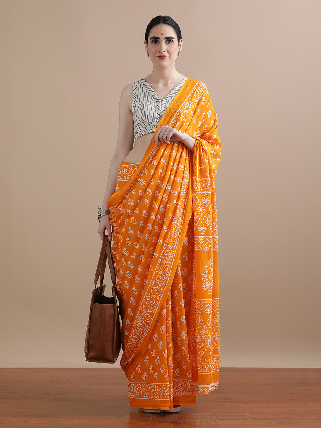 Kanika Orange Handblock Mulmul Cotton Saree – Radiant Florals in Lightweight Elegance
