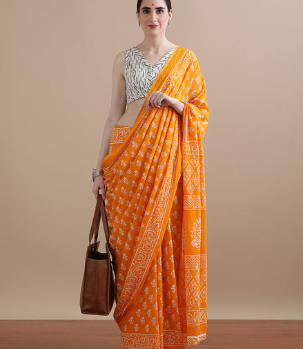 Kanika Orange Handblock Mulmul Cotton Saree – Radiant Florals in Lightweight Elegance