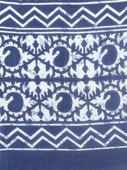 Blue & White Mulmul Cotton Handblock Saree – Lightweight & Elegant