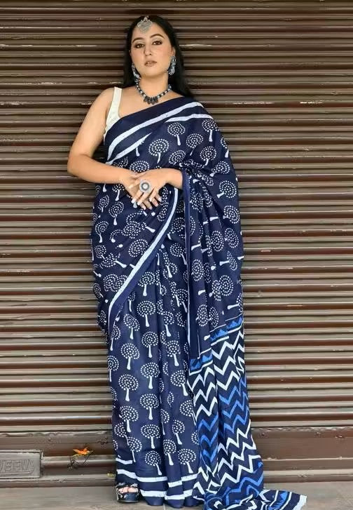 Ambara Indigo Mulmul Cotton Saree – Buti Handblock Elegance