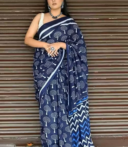 Ambara Indigo Mulmul Cotton Saree – Buti Handblock Elegance