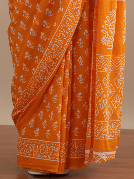 Kanika Orange Handblock Mulmul Cotton Saree – Radiant Florals in Lightweight Elegance