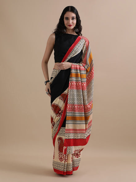 Devina Cream & Red Handblock Mulmul Cotton Saree – Festive Artistry in Every Fold