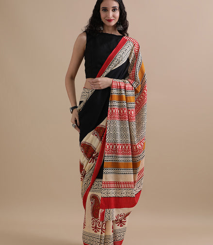 Devina Cream & Red Handblock Mulmul Cotton Saree – Festive Artistry in Every Fold