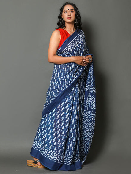 Taraangi Indigo Mulmul Cotton Saree – Handblock Heritage Drapes