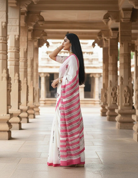 "Kamalini" - Sanganeri Floral Handblock Mulmul Saree