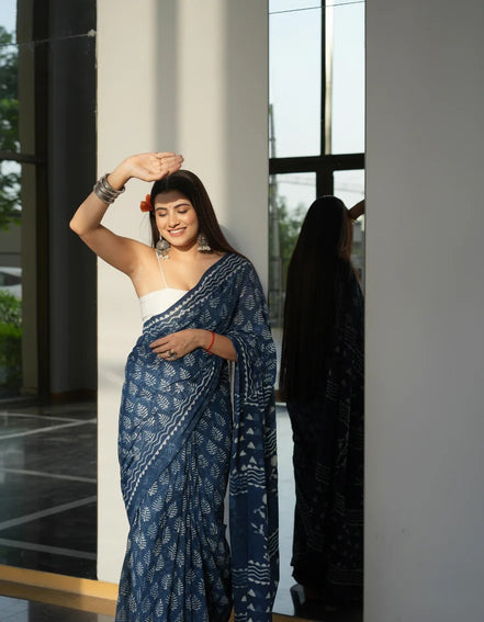 "Vanya" - Jaipuri Indigo Handblock Mulmul Cotton Saree