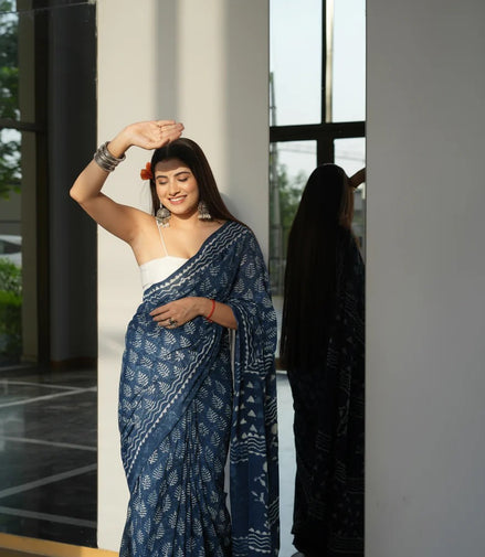 "Vanya" - Jaipuri Indigo Handblock Mulmul Cotton Saree