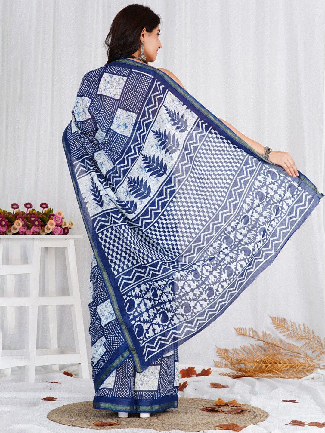 Blue & White Mulmul Cotton Handblock Saree – Lightweight & Elegant
