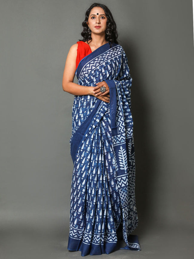 Taraangi Indigo Mulmul Cotton Saree – Handblock Heritage Drapes