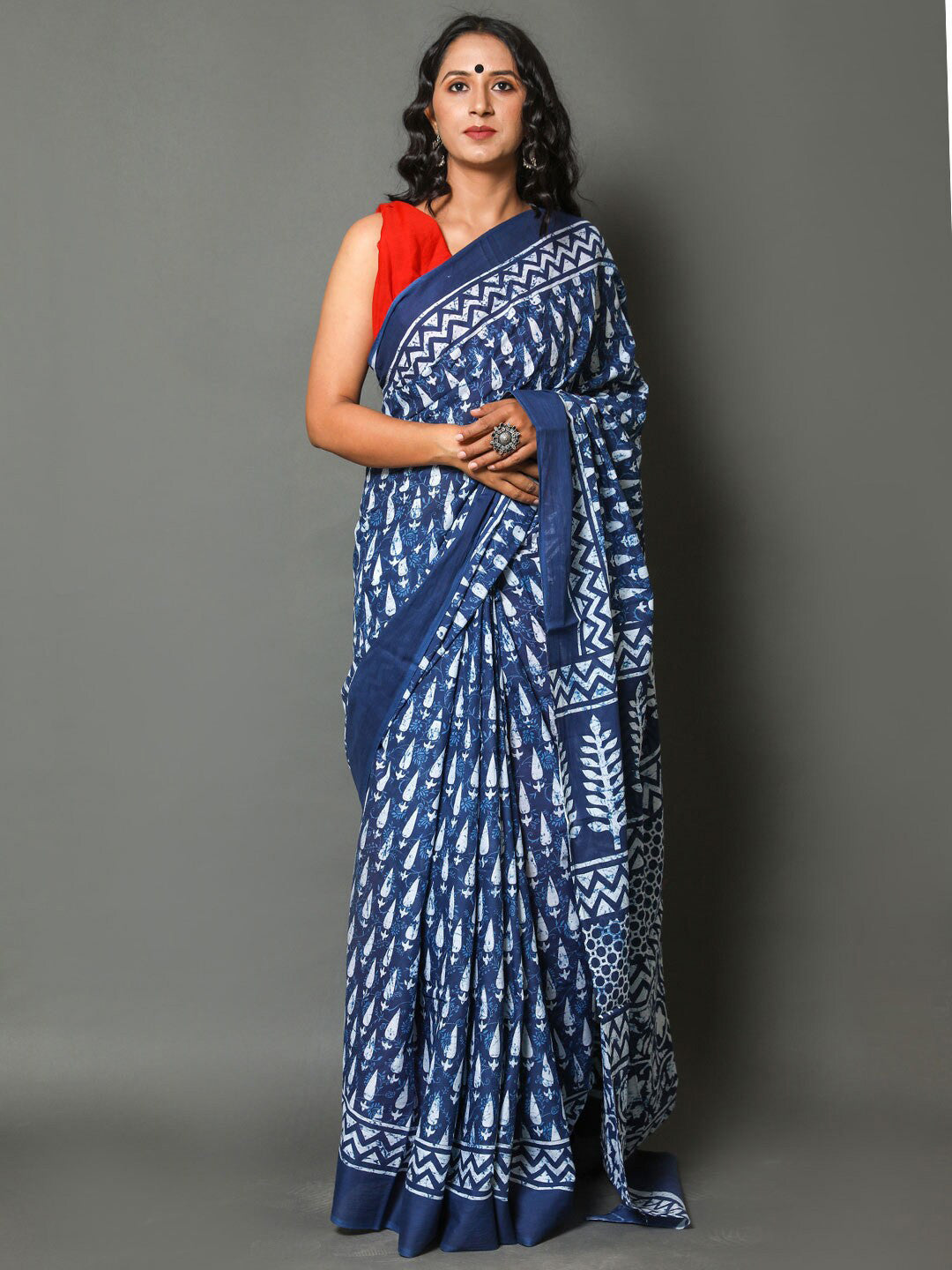 Taraangi Indigo Mulmul Cotton Saree – Handblock Heritage Drapes