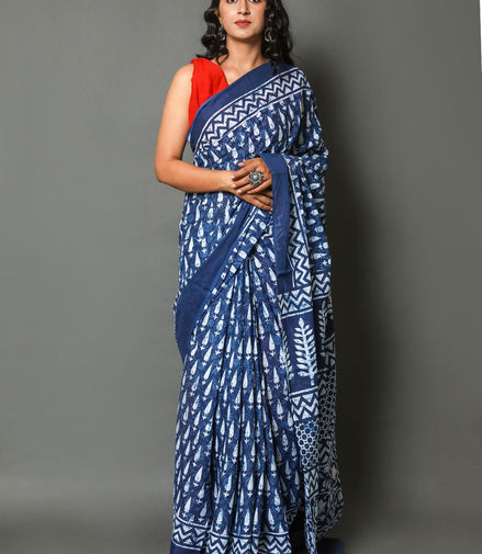 Taraangi Indigo Mulmul Cotton Saree – Handblock Heritage Drapes