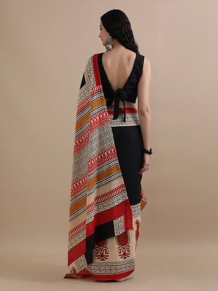 Devina Cream & Red Handblock Mulmul Cotton Saree – Festive Artistry in Every Fold