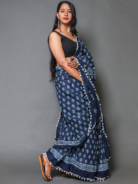Indigo Blue Cotton Mulmul Handblock Saree
