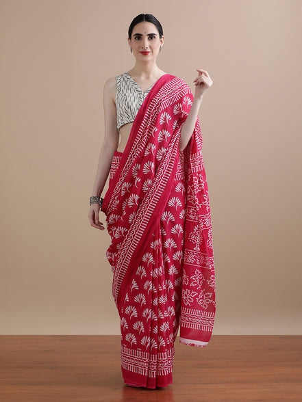 Ranjika Pink Handblock Mulmul Cotton Saree – Floral Grace & Festive Charm