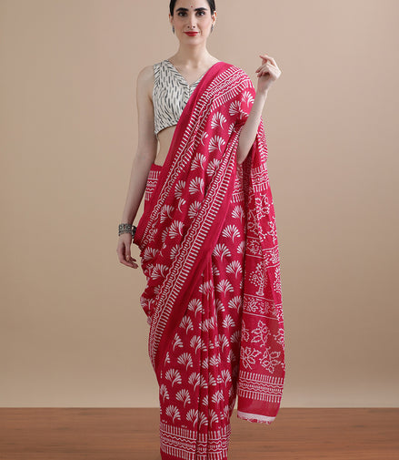 Ranjika Pink Handblock Mulmul Cotton Saree – Floral Grace & Festive Charm