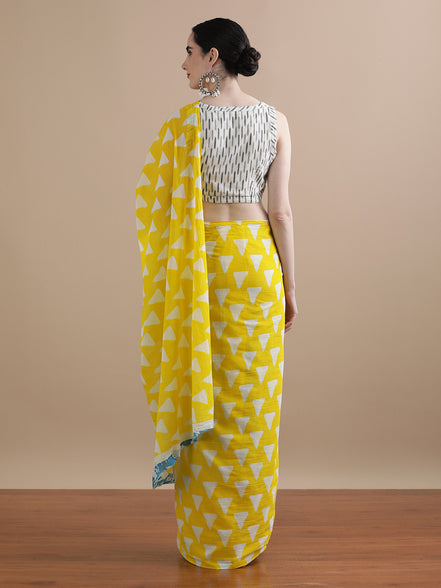 Suvarna Yellow Handblock Mulmul Cotton Saree – Radiant Geometry & Festive Glow