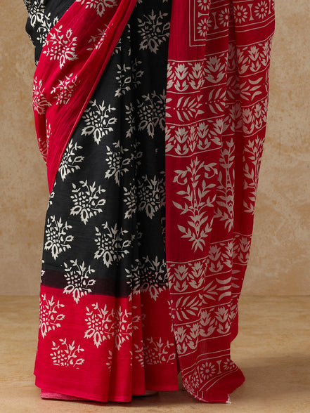 Vamika Black & Red Handblock Mulmul Cotton Saree – Bold Florals & Festive Drama