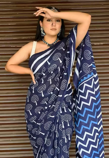Ambara Indigo Mulmul Cotton Saree – Buti Handblock Elegance