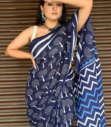 Ambara Indigo Mulmul Cotton Saree – Buti Handblock Elegance
