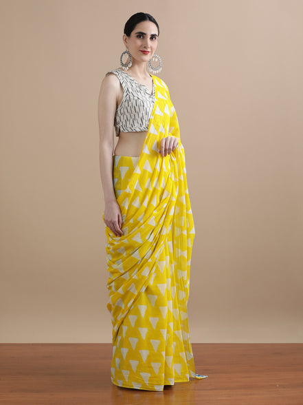 Suvarna Yellow Handblock Mulmul Cotton Saree – Radiant Geometry & Festive Glow