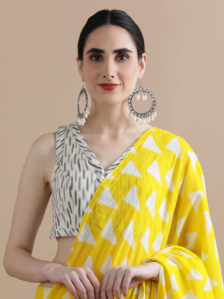 Suvarna Yellow Handblock Mulmul Cotton Saree – Radiant Geometry & Festive Glow
