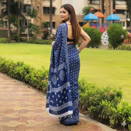"Neela" - Jaipuri Indigo Handblock Mulmul Cotton Saree