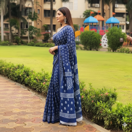 "Neela" - Jaipuri Indigo Handblock Mulmul Cotton Saree