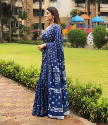 "Neela" - Jaipuri Indigo Handblock Mulmul Cotton Saree