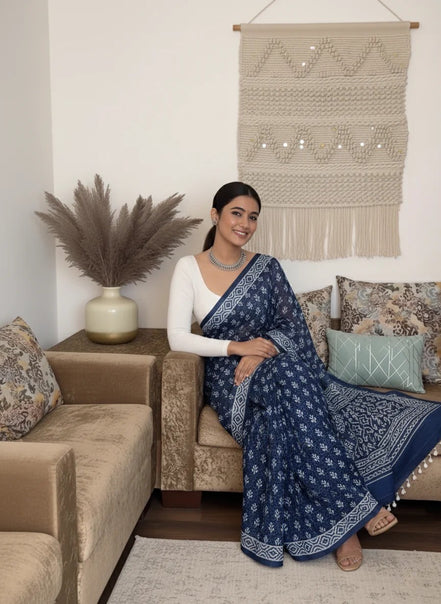 "Neelam" - Indigo Dabu Handblock Mulmul Cotton Saree
