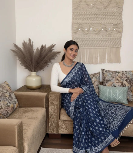 "Neelam" - Indigo Dabu Handblock Mulmul Cotton Saree