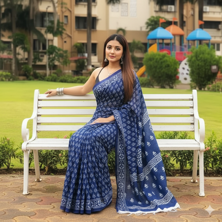 "Neela" - Jaipuri Indigo Handblock Mulmul Cotton Saree