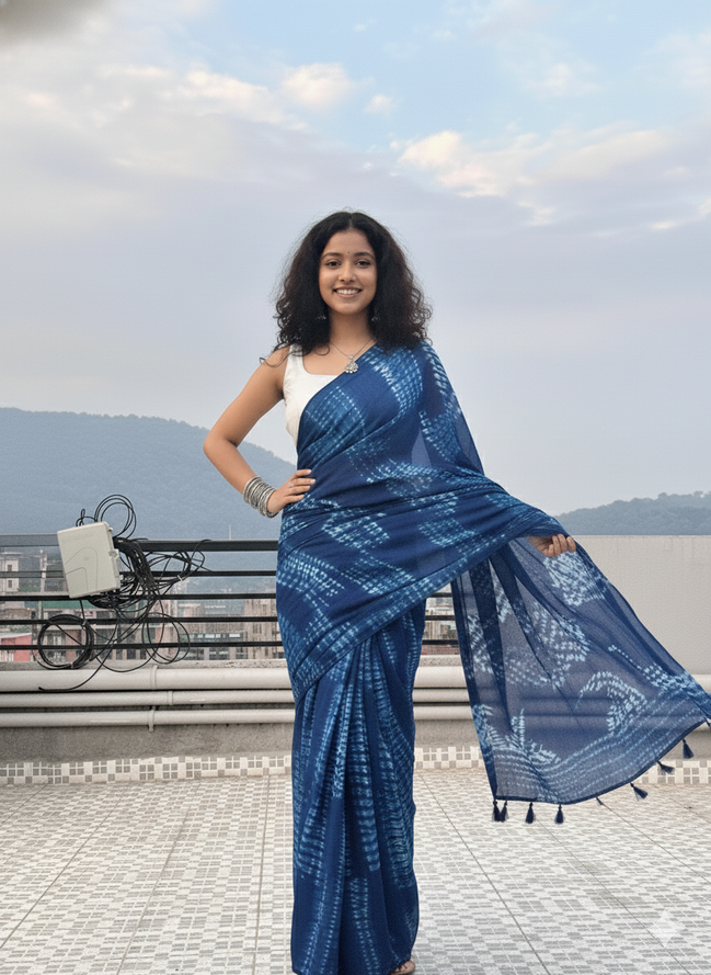 "Leher" - Indigo Shibori Hand-Dyed Mulmul Saree