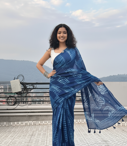 "Leher" - Indigo Shibori Hand-Dyed Mulmul Saree