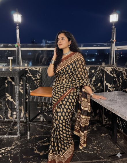 "Nisha" - Black & Maroon Bagru Handblock Mulmul Saree