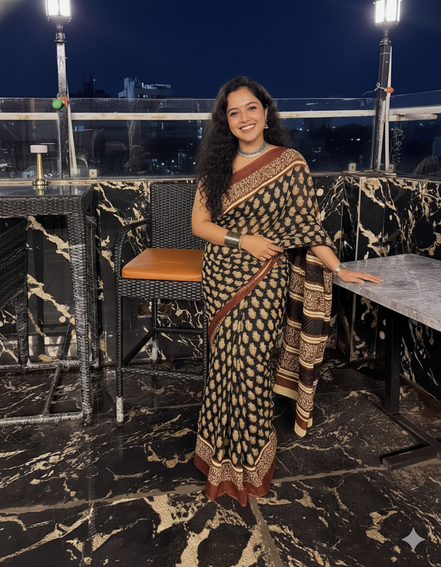 "Nisha" - Black & Maroon Bagru Handblock Mulmul Saree