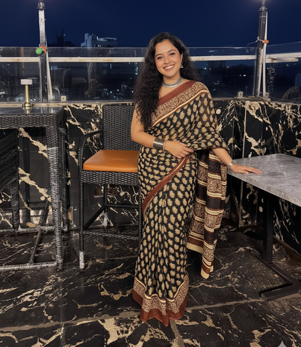 "Nisha" - Black & Maroon Bagru Handblock Mulmul Saree