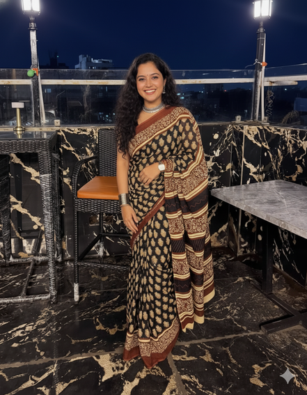 "Nisha" - Black & Maroon Bagru Handblock Mulmul Saree