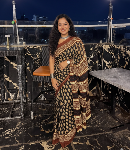 "Nisha" - Black & Maroon Bagru Handblock Mulmul Saree