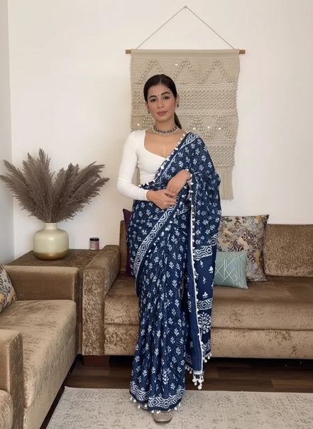 "Neelam" - Indigo Dabu Handblock Mulmul Cotton Saree