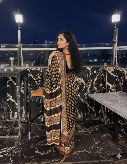 "Nisha" - Black & Maroon Bagru Handblock Mulmul Saree
