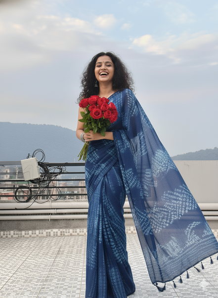 "Leher" - Indigo Shibori Hand-Dyed Mulmul Saree