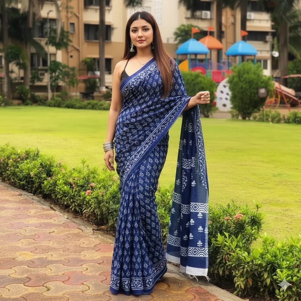 "Neela" - Jaipuri Indigo Handblock Mulmul Cotton Saree
