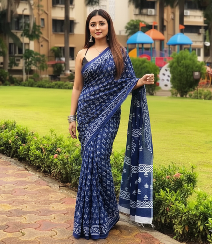 "Neela" - Jaipuri Indigo Handblock Mulmul Cotton Saree