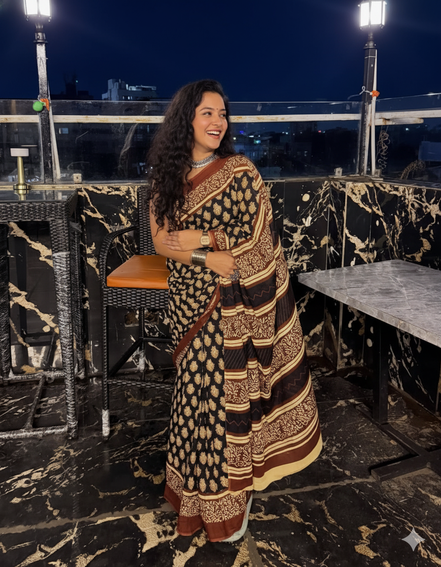 "Nisha" - Black & Maroon Bagru Handblock Mulmul Saree